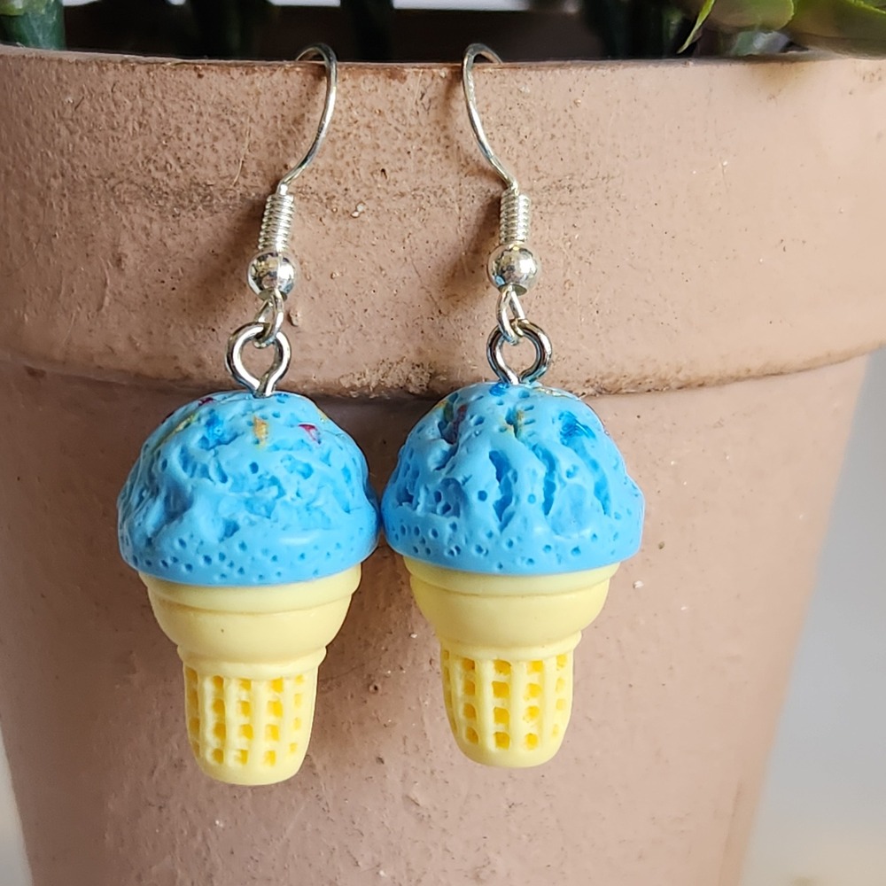 Blue Ice Cream Cone Dangle Earrings Yellow Waffle Cone Foodie Novelty Jewelry
